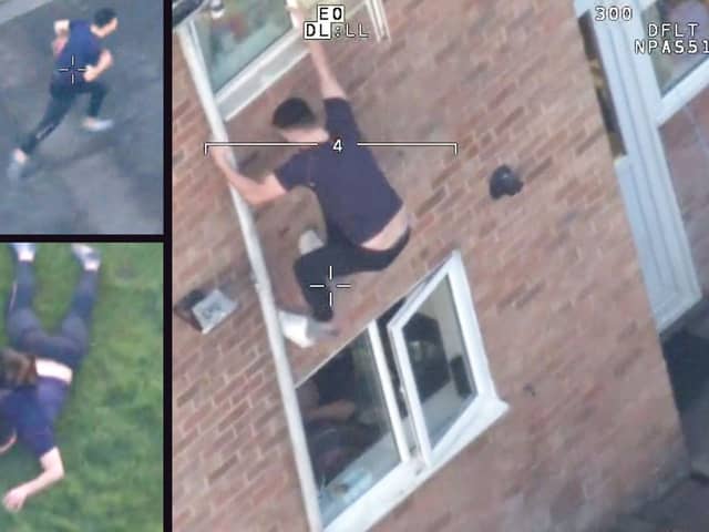 Dramatic footage shows a fugitive driver jumping out a window to evade cops before being wrestled to the ground by a hero police dog.