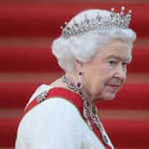 BERLIN, GERMANY - JUNE 24:  Queen Elizabeth II arrives for the state banquet in her honour at Schloss Bellevue palace on the second of the royal couple’s four-day visit to Germany on June 24, 2015 in Berlin, Germany. The Queen and Prince Philip are scheduled to visit Berlin, Frankfurt and the concentration camp memorial at Bergen-Belsen during their trip, which is their first to Germany since 2004.  (Photo by Sean Gallup/Getty Images)