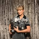 Taylor Swift is seen backstage with the Best Artist, Best Video, Best Pop and Best Longform Video Awards during the Best MTV Europe Music Awards 2022