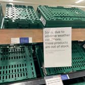 Empty shelves are seen in the fruit and vegetable aisles of a Tesco supermarket on February 22, 2023 in Burgess Hill.
