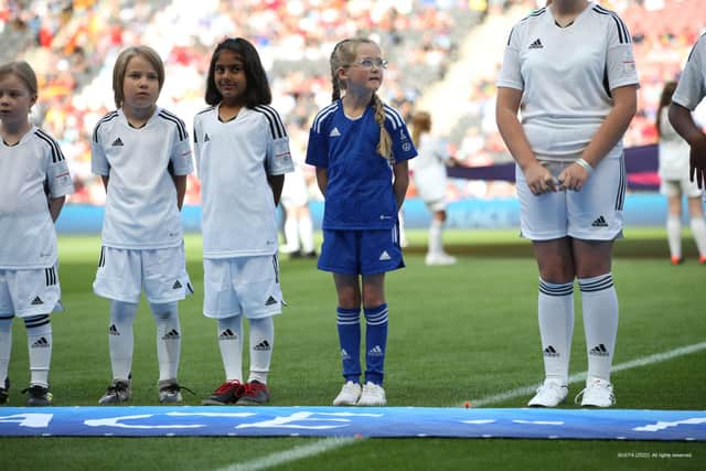MILTON KEYNES, ENGLAND - JULY 08: Euronics Players Mascots and Volkswagen Ofiicial Referee Mascot during the UEFA Women's Euro 2022 group B match between Spain and Finland at Stadium mk on July 08, 2022 in Milton Keynes, England. (Photo by Steve Bardens - UEFA/UEFA via Getty Images)