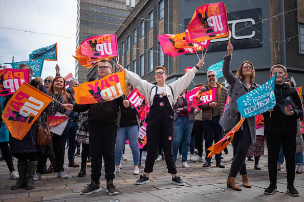 Teachers from the National Education Union demonstrate in central Middlesbrough as part of a further day of industrial action by teachers on April 27, 2023 in Middlesbrough, England. There were widespread school closures in England as members of the National Education Union (NEU) went on strike for a fourth day this year. A fifth strike day is scheduled for May 2. (Photo by Ian Forsyth/Getty Images)