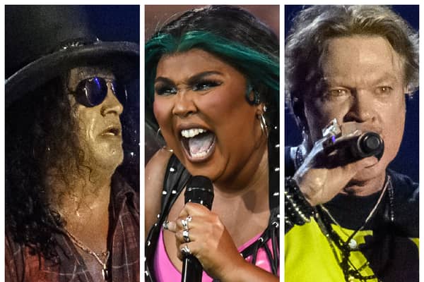 Glastonbury 2023: left to right, Slash from Guns N’ Roses; Lizzo and Axl Rose from Guns N’ Roses. (Photo: Getty Images)