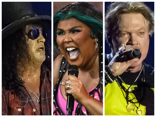 Glastonbury 2023: left to right, Slash from Guns N’ Roses; Lizzo and Axl Rose from Guns N’ Roses. (Photo: Getty Images)