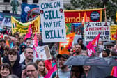 Striking teachers from the National Education Union (NEU) hold a rally in Parliament Square on 5 July 2023 in London, United Kingdom. NEU members are striking to win a fully-funded, above-inflation pay rise for all educators. (photo by Mark Kerrison/In Pictures via Getty Images)