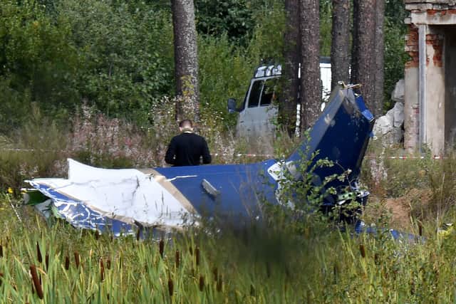 A law enforcement officer works at the site of the plane crash near the village of Kuzhenkino, Tver region, on August 24.