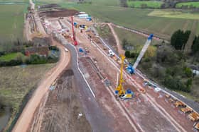 An aerial view of the groundworks construction of the HS2 high speed rail network progresses around the A38 dual-carriageway near Streethay on January 27, 2023 in Lichfield (Photo by Christopher Furlong/Getty Images)