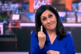 BBC News presenter Maryam Moshiri has apologised after she raised her middle finger to camera seconds before beginning her news bulletin. (Credit: BBC News)