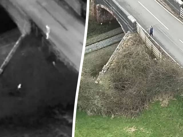 A puppy missing for five days is carried to safety after a heat-seeking drone camera found him at the bottom of a bramble-filled ditch. Picture: John Watton Drone SAR / SWNS