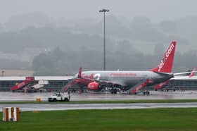 Jet2 passenger jets parked up on the runway at Leeds Bradford Airport.