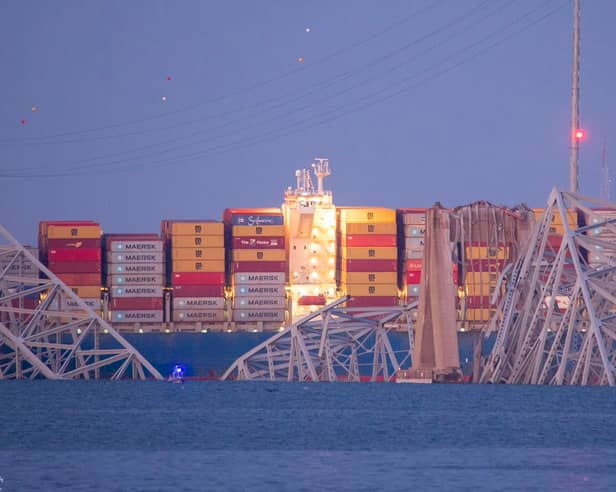 The remains of Francis Scott Key Bridge in Baltimore after it collapsed following a collision with a ship.