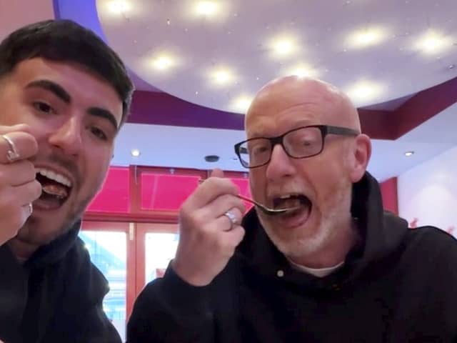 Callum Ryan and his dad Darren Ryan trying 'London's hottest curry' at Aladin in Brick Lane.