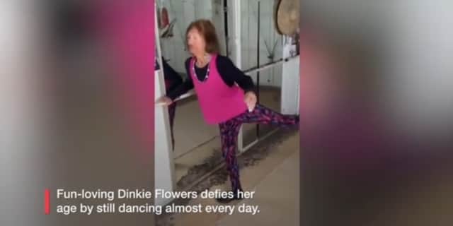 Britain's oldest dancer, Dinkie Flowers, 103, who practices every day.