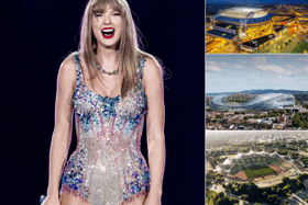 It could be cheaper to see Taylor Swift (left) in locations such as Amsterdam (top right), Dublin (middle right) but not so much for Munich (bottom right) (Credit: Getty Images)