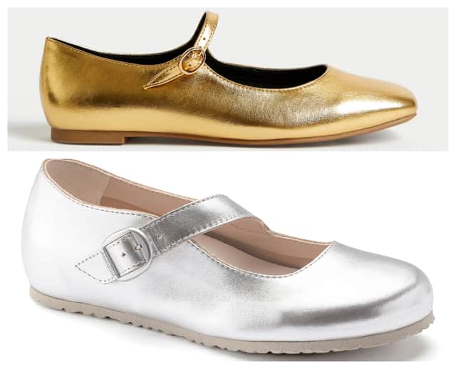Birkenstock Tracy shoe in silver, bottom, is over £100 while the M&S metallic ballet flats, top, are £26.25