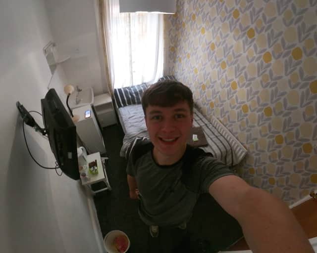 George Redfern, 21, stayed in the cheapest hotel in the UK for £16 a night. Pictured at the Coco Beach Hotel, in Blackpool.
