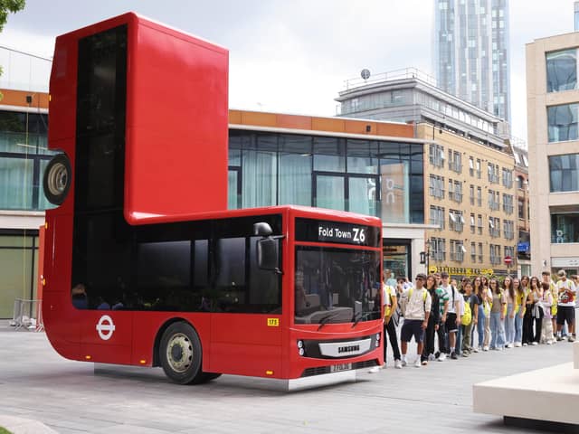 A folded London bus is unveiled at Bishops Square to celebrate the launch of Samsung's Galaxy Z series.
