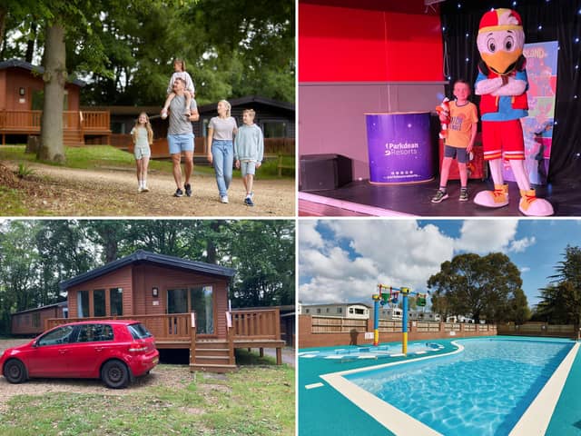 Clockwise from left: the woodland lodges at Landguard; Eddie on stage with Sid the Seagull; the outdoor pool; our lodge