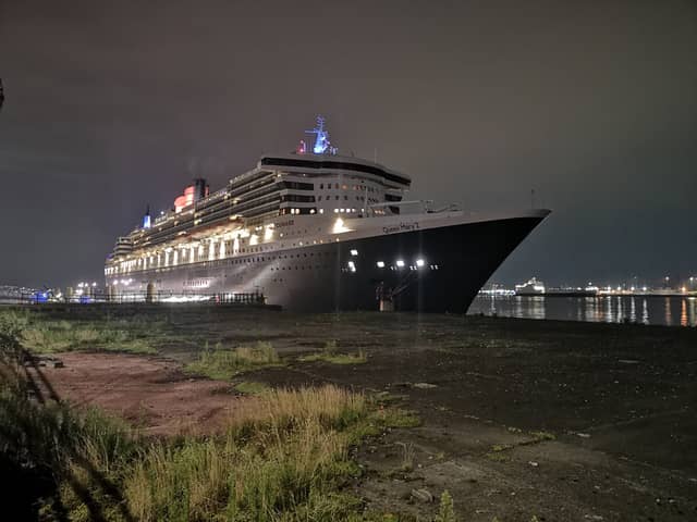 Cunard’s flagship ocean liner Queen Mary 2 docked in Liverpool.