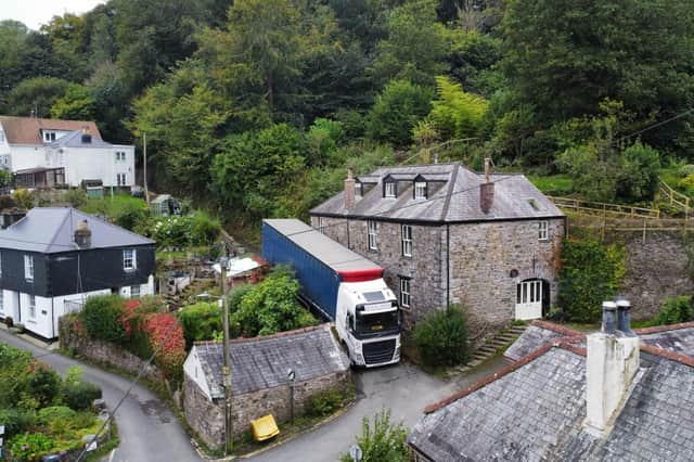 A truck stuck on a narrow lane in Forder near Saltash, Cornwall.