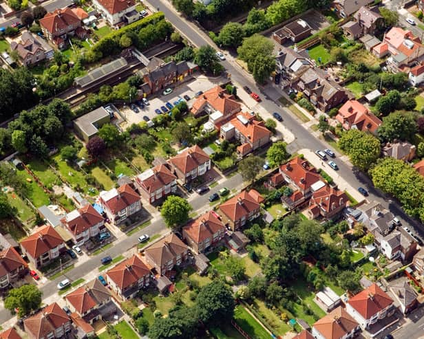 Aerial shot of houses.