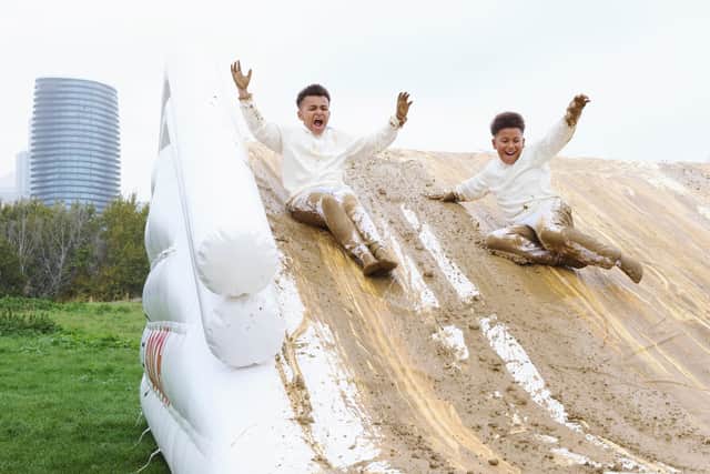 Binky Felstead encourages families to embrace the mud this half term. Marcel (left, 11) and Theo (right, 10).