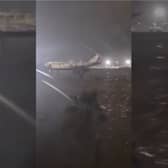 Valencia Airport runway submerged in flood water.
