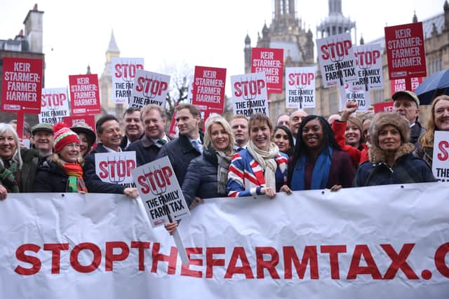 Conservative Party Leader Kemi Badenoch (front 2nd R) is joined by MPs Mel Stride, Chris Philp, Esther McVey, Claire Coutinho, Victoria Atkins, Andrew Griffith, and Priti Patel as they take part in the farmers rally on 19 November 2024 in London (Photo: Dan Kitwood/Getty Images)