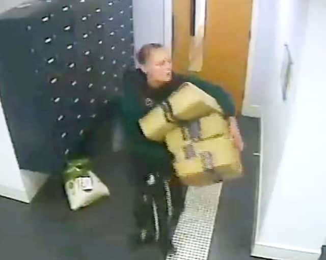 This is the moment a bold thief walks into a luxury apartment block and steals residents Amazon parcels.