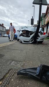 Shocking footage shows the moment a pedestrian was thrown into the air by an out on control car in a hit and run. 
