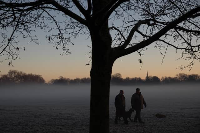 People walking dogs in the cold.
