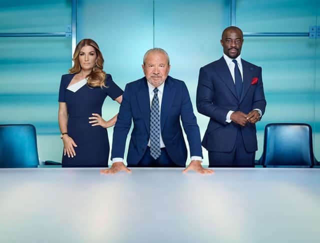 Karren Brady (L), Lord Alan Sugar (C), Tim Campbell (R)