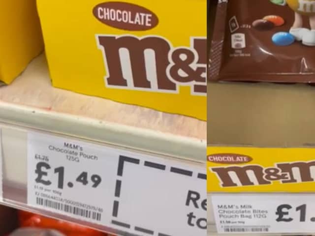 New bag of M&Ms costs same price as old bag but weighs 13g less.