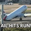 The tail of a plane hitting the ground while trying to land