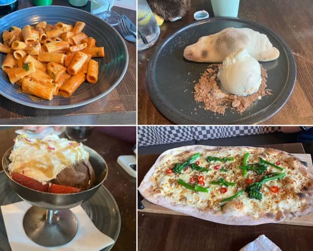 Prezzo's Easter menu, which includes, clockwise from top left: pasta alla vodka; Creme Egg calzone, Tuscan sausage and broccoli pizza; a children's sundae