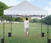The pop-up gazebo is made of steel and designed for all weathers