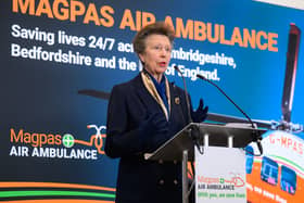 HRH The Princess Royal addresses attendees at Magpas Air Ambulance's headquarters