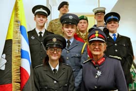 The seven newly commissioned Lord-Lieutenant cadets with His Majesty's Lord-Lieutenant of Bedfordshire, Mrs Susan Lousada