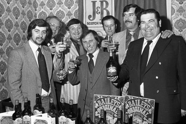 Pub regulars gather at The White Horse in Standishgate, Wigan, to enjoy a whisky tasting evening in 1978