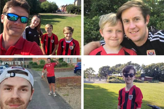Clockwise from top left: coach and player Mark Tyler with children Ollie, Elliot, and Izzy; coach and player John Harvey with his son Kier; under 9s player Larry Richardson;  players James Cooper and Ricky Christie.