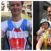 Edward during his challenge; Right - with his son, Ren, at a 'Hitchin Half' event