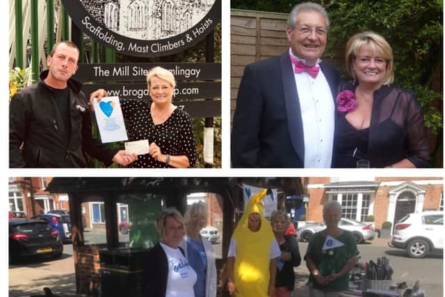 Clockwise from top left: the cheque presentation from The Brogan Group; Tony and Christina in happier times; Christina, Sheila, Judi, Geraldine and Ruth raising funds for Sue Ryder St John’s Hospice, Moggerhanger.