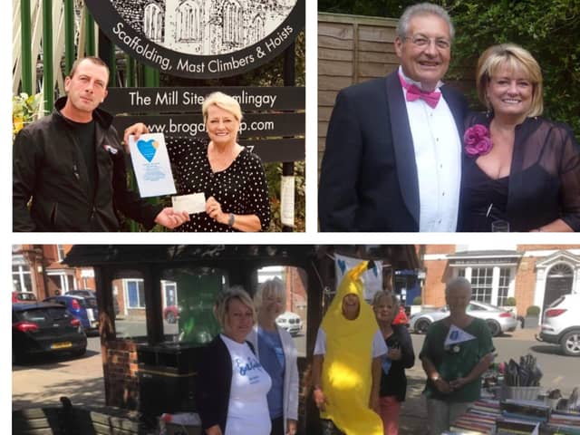 Clockwise from top left: the cheque presentation from The Brogan Group; Tony and Christina in happier times; Christina, Sheila, Judi, Geraldine and Ruth raising funds for Sue Ryder St John’s Hospice, Moggerhanger.