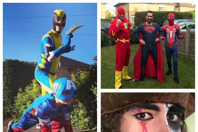 Photos: The Wolverine (Will) with Captain America (Alex); Will and his superhero assistants; the Creepy Captain. To arrange a birthday surprise, message Will Bailey on Facebook.