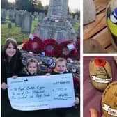 Photos: Gemma, Jack and Ruby at Potton war memorial; the blue tit design; 100th birthday poppy stone commissions.  Visit ‘Forest Life Artwork by Gemma’ on Facebook to view more of her creations.