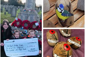 Photos: Gemma, Jack and Ruby at Potton war memorial; the blue tit design; 100th birthday poppy stone commissions.  Visit ‘Forest Life Artwork by Gemma’ on Facebook to view more of her creations.