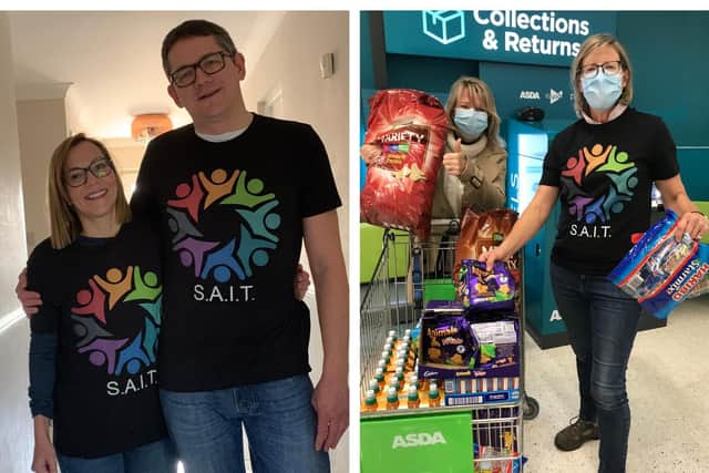 Left: Mark and his wife Claire. SAIT's logo was designed by Annabell from Pecoro’s pizza restaurant; right: Councillor Tracey Stock and Councillor Caroline Maudlin receive a donation for SAIT from Asda, Biggleswade.