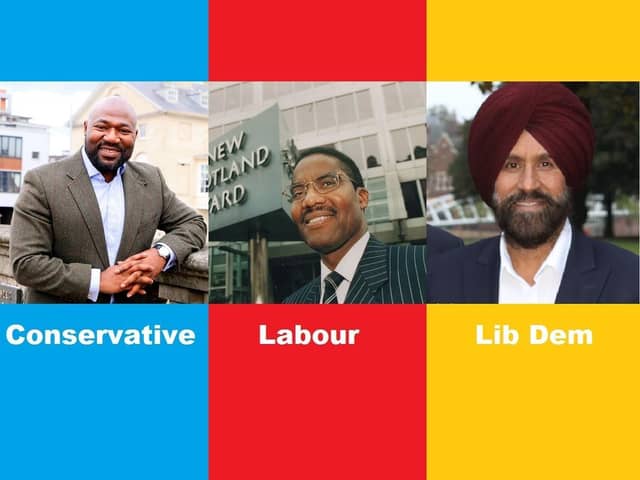 Conservative candidate Festus Akinbusoye, Labour candidate Dr David Michael and Lib Dem candidate Jas Parmar
