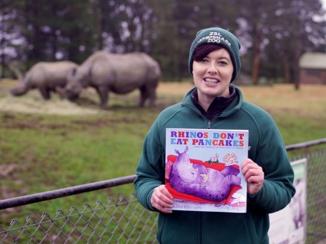 ZSL Whipsnade Zoo's Catriona Hickey reads Rhinos Don't Eat Pancakes by Anna Kemp (C) ZSL Matt Worthington