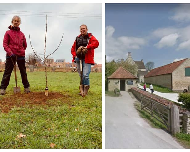 The planting of the Newton Apple Sapling. Photo: Cllr Wye. Right: Woolsthorpe Manor. Photo: Google.